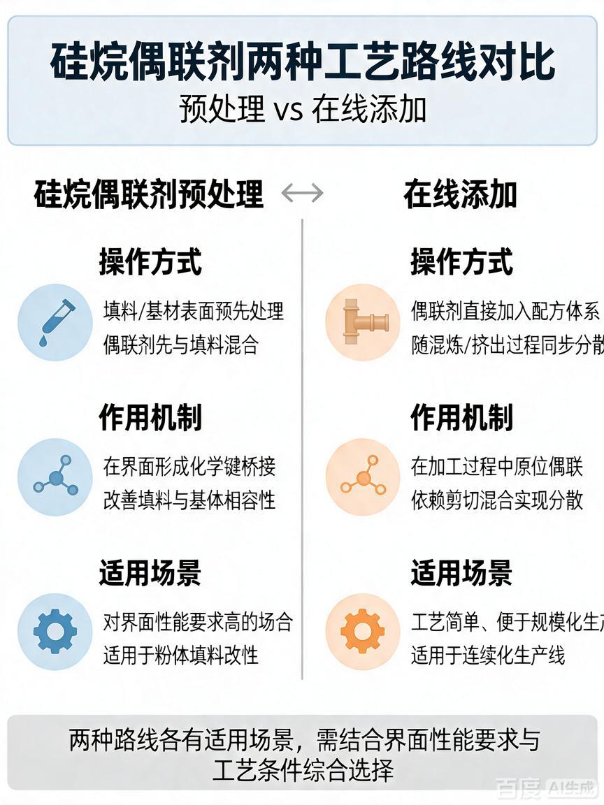硅烷偶联剂预处理 vs 在线添加:两种工艺路线对比 硅烷偶联剂的作用机理与界面成键预处理与在线添加工艺路线对比